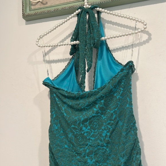 Current mood rose lace halter neck Elegant Teal handkerchief hem mini dress larg - Picture 7 of 7